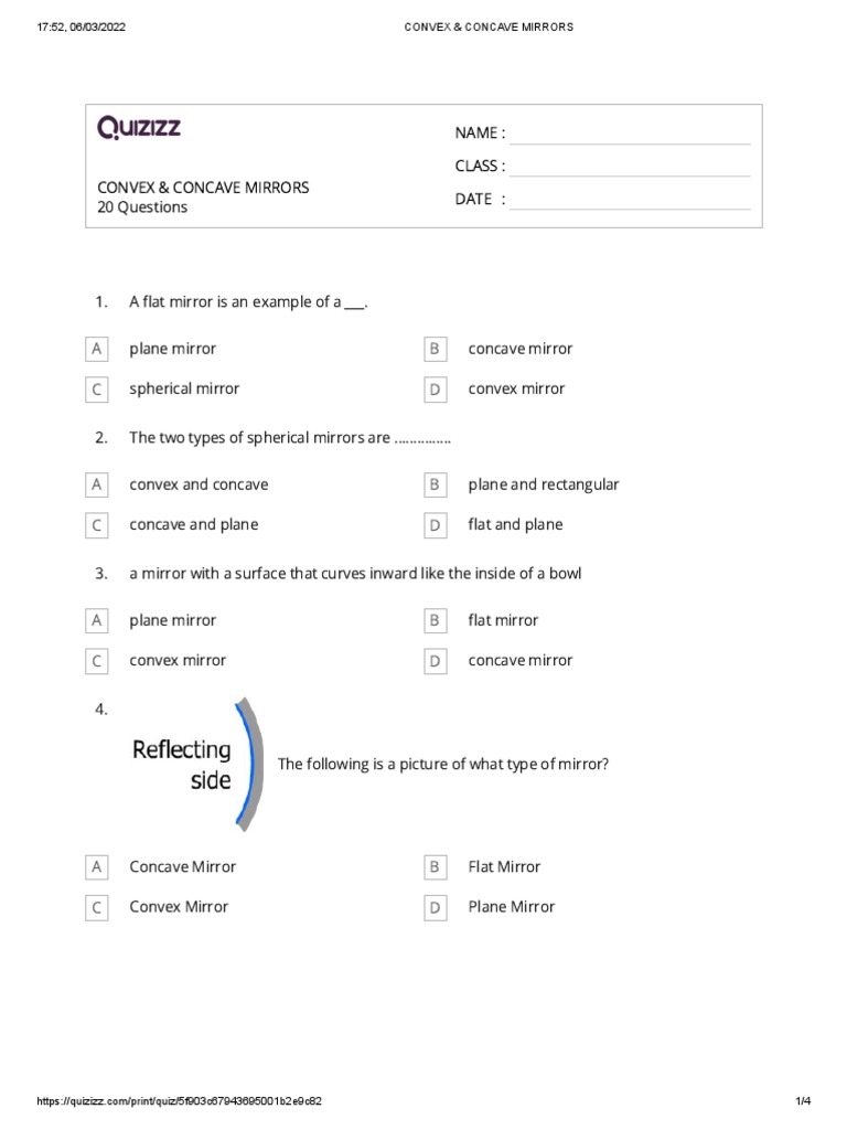 Science Quiz Grade 5 PDF Mirror Optics