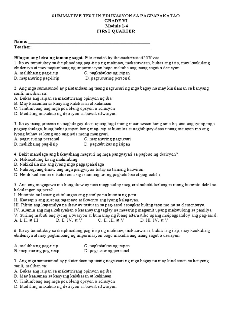 Summative Test in Edukasyon Sa Pagpapakatao 11 4 | PDF