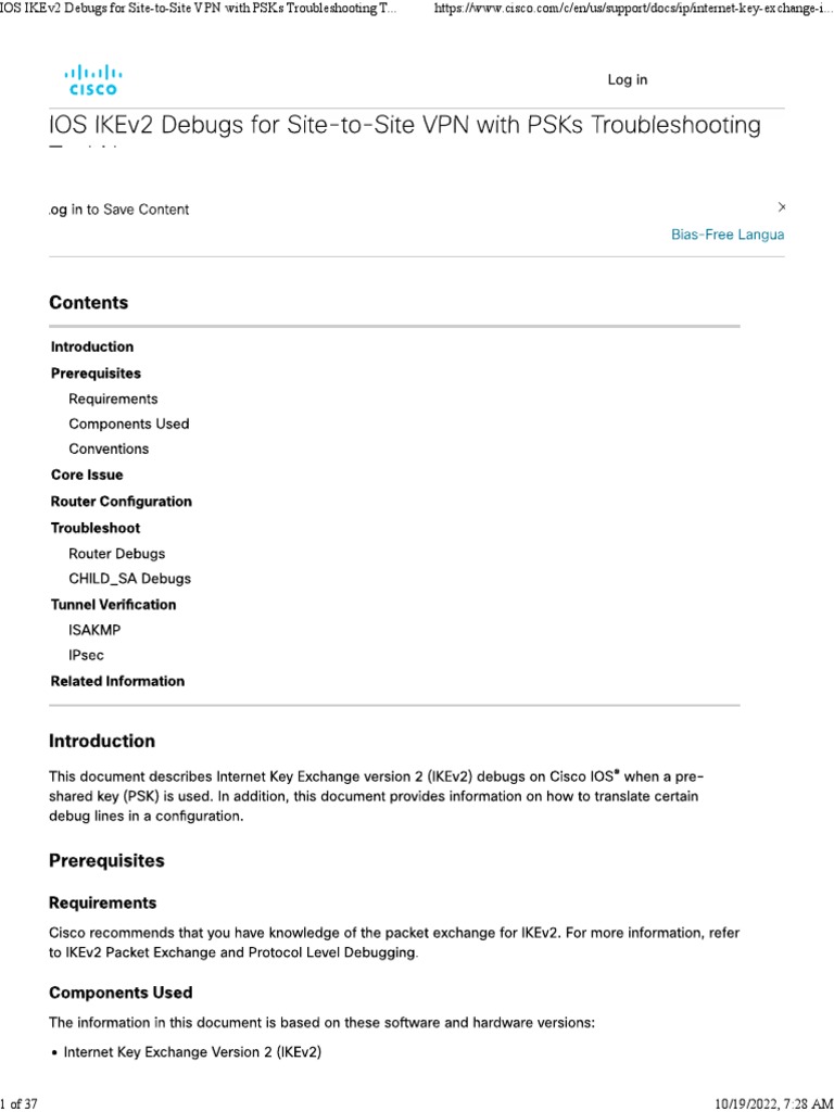 Ios ikev2 debugs for site to site vpn with psks troubleshooting