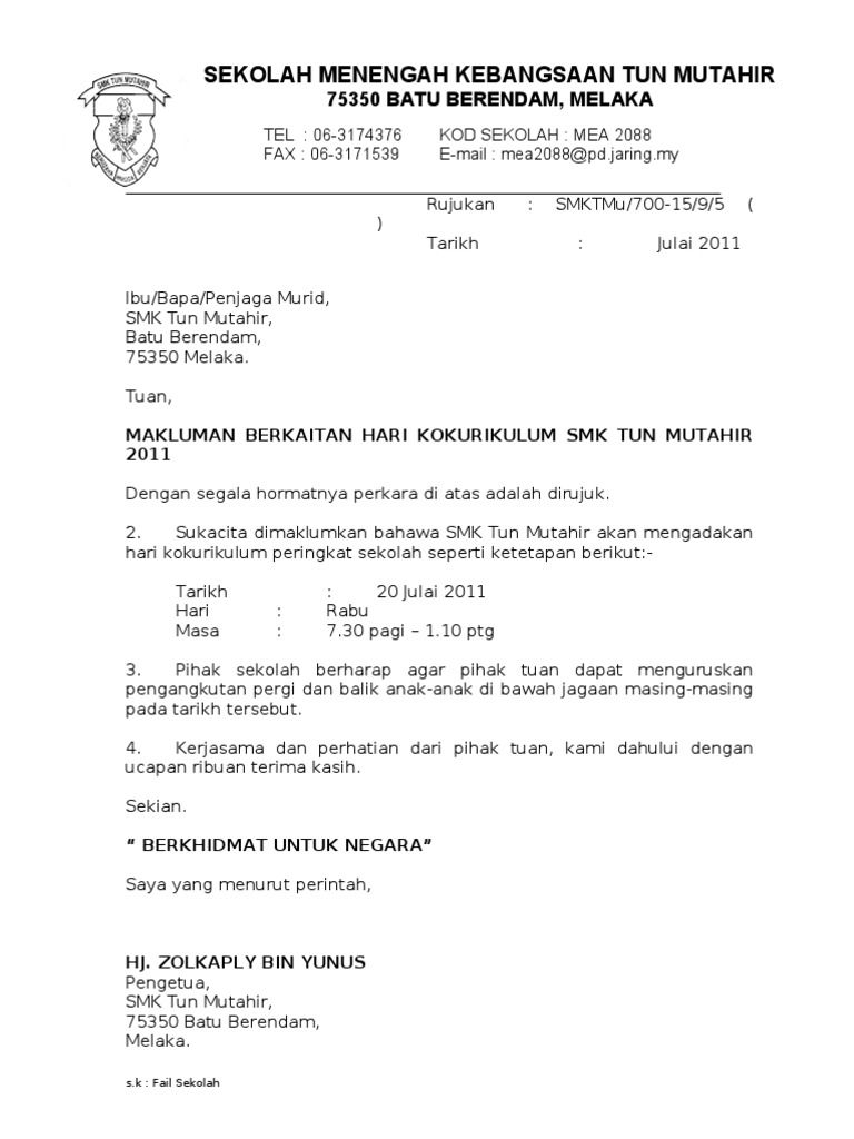 Surat Makluman Kejohanan Balapan Dan Padang Untuk Penyertaan Ibubapa