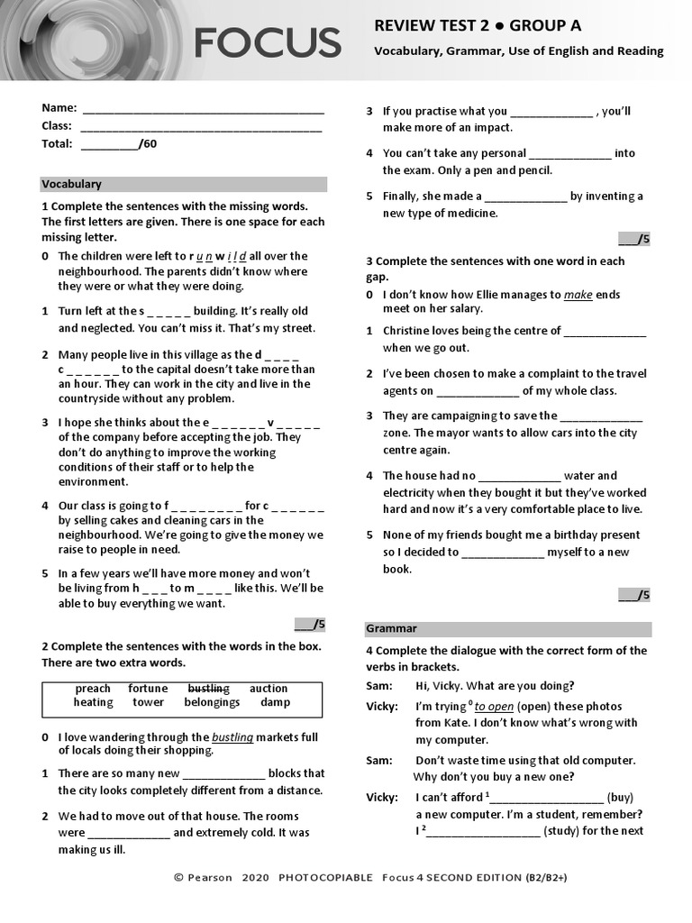 Focus4 2E Review Test 2 Units1 4 Vocabulary Grammar UoE Reading GroupA ...