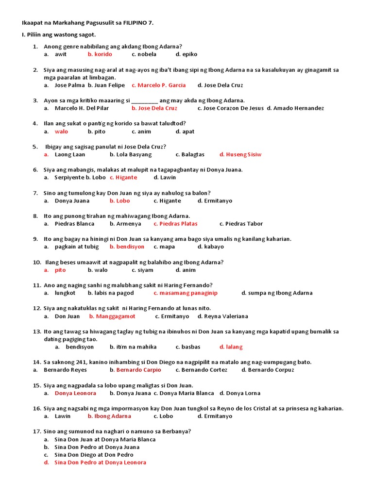Ikaapat Na Markahang Pagsusulit Sa Filipino 7 | PDF