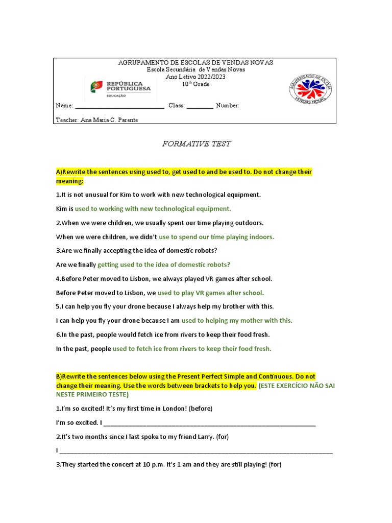 Formative Test With Key (Rewriting Exercises) | PDF | Grammar | Linguistics