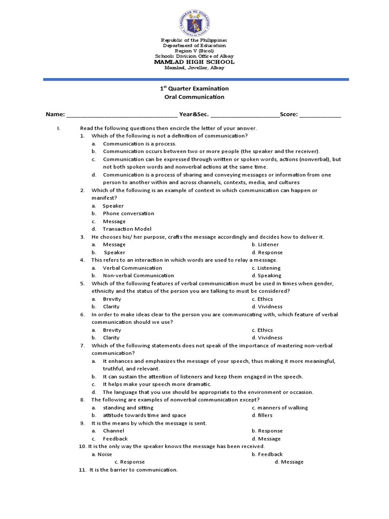 1st Quarter Exam: Oral Communication | PDF | Communication | Nonverbal ...