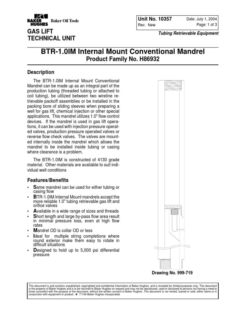 BTR1.0IM Internal Mount Conventional Mandrel Gas Lift Technical Unit