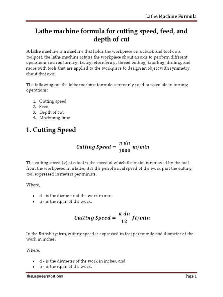 ME 2255 Lathe Machine Formula For Cutting Speed PDF Machining Secondary Sector Of The Economy