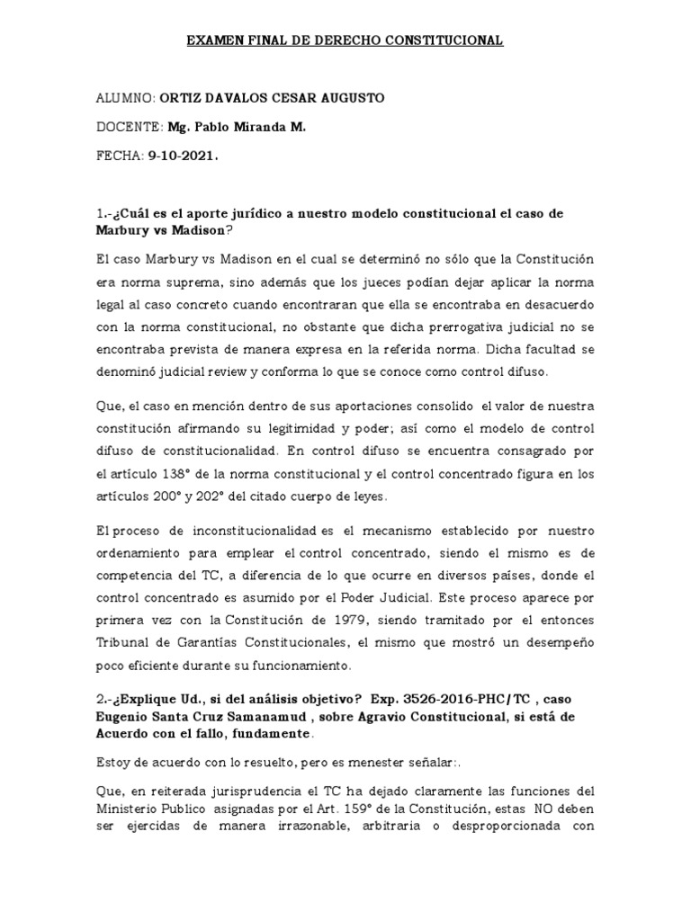Examen Final de Derecho Constitucional | PDF | Habeas corpus | Derecho ...