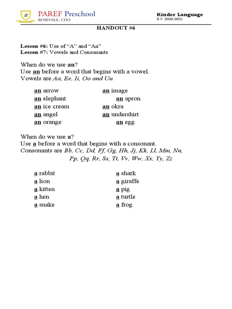 1st Quarter Kinder Language Handout 3 Pdf