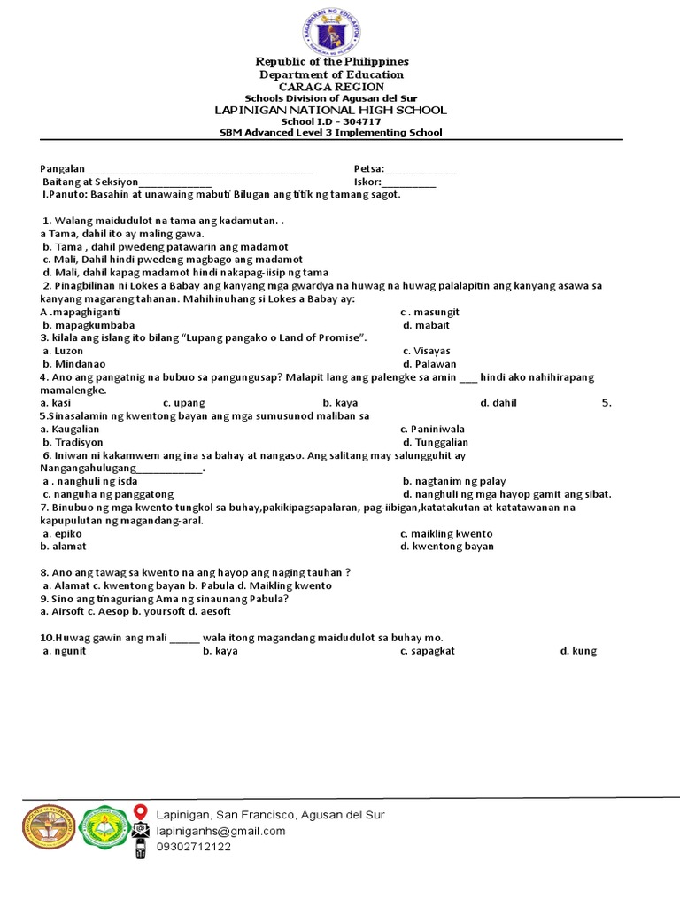 Firts Quarter Exam Filipino | PDF
