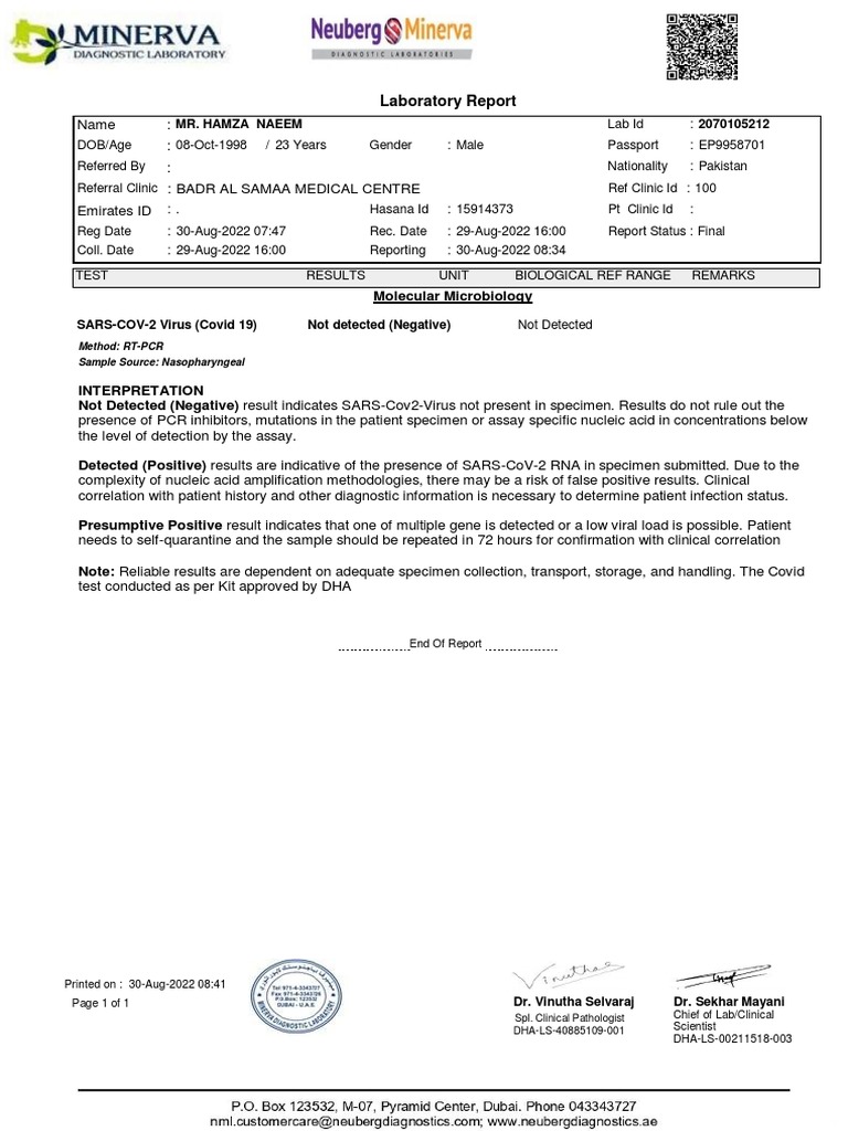 Covid-19 Lab Report for Mr. Hamza | PDF | Molecular Biology | Medical ...
