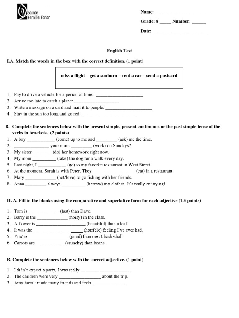 8th Grade English Test Practice | PDF | Syntax | Linguistic Morphology