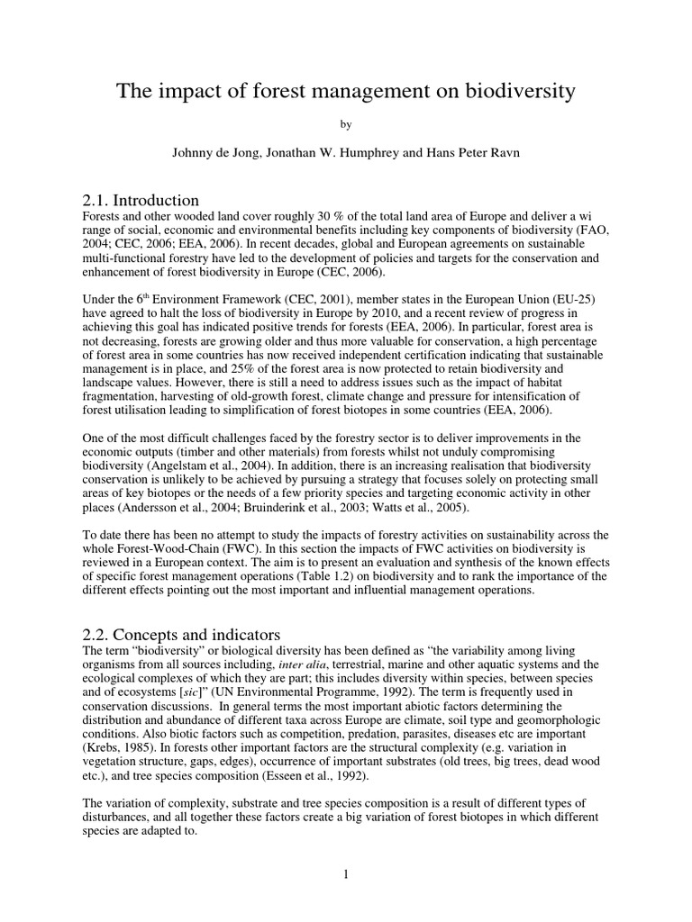 Biodiversity de Jong Et Al, Effect of Forest Management | PDF ...