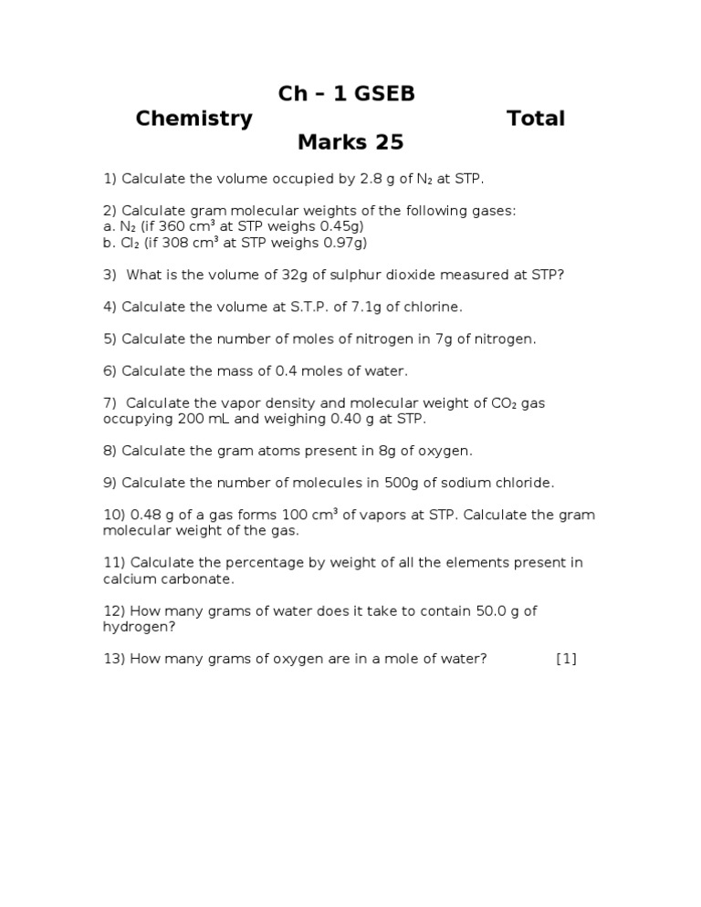 GSEB Chemistry Calculations Guide | PDF | Mole (Unit) | Molecular Mass