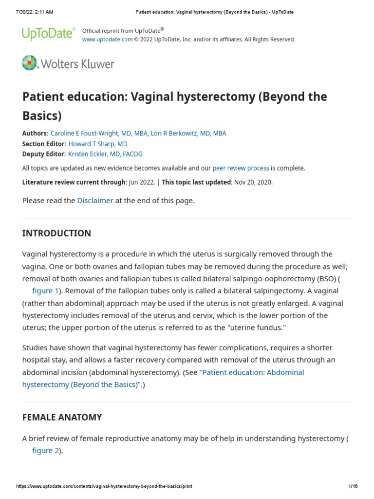 Patient Education Vaginal Hysterectomy (Beyond The Basics) UpToDate PDF Menopause Uterus