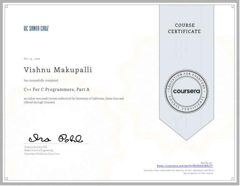 C++ for C Programmers Course Completion | PDF