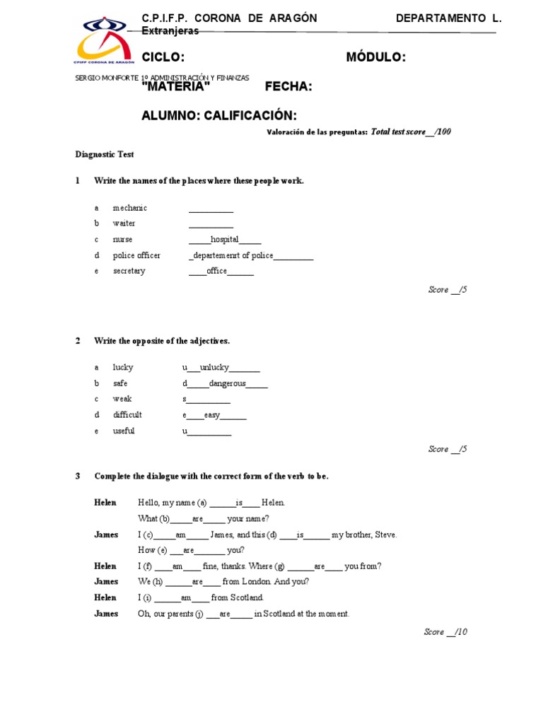 Diagnostic Test Módulos FP English | PDF | Linguistic Morphology | Grammar