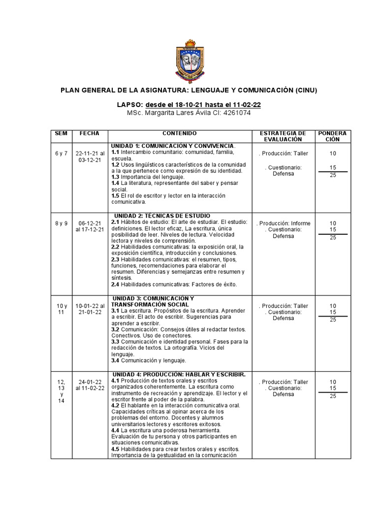 Plan General de La Asignatura Lenguaje y Comunicación (Cinu) | PDF ...