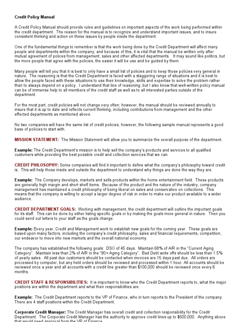 Credit Policy Manual Pdf Credit Finance Money Management