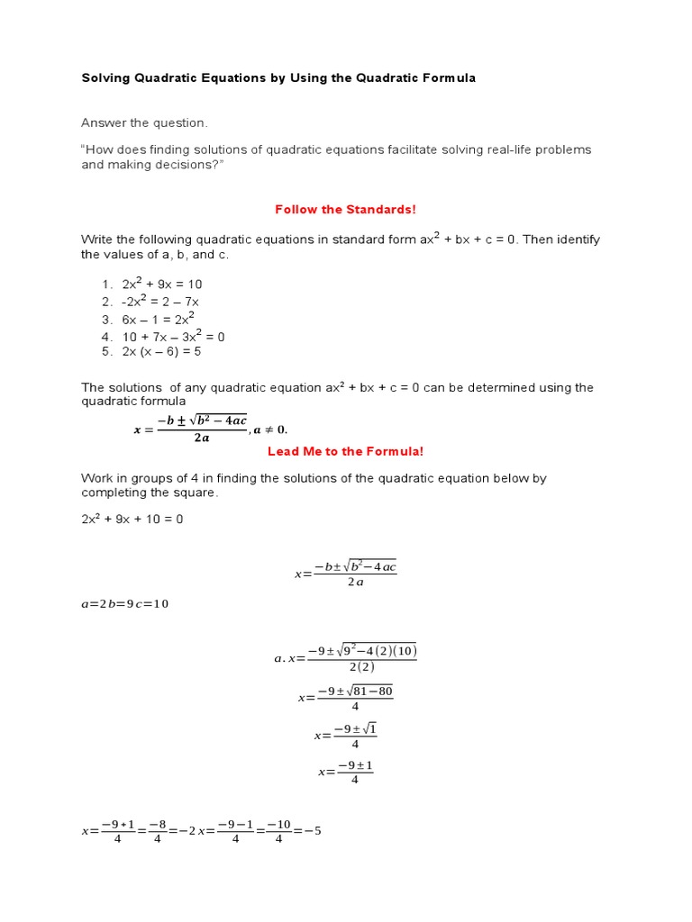 Math 9 Solving Quadratic Equations by Using The Quadratic Formula | PDF