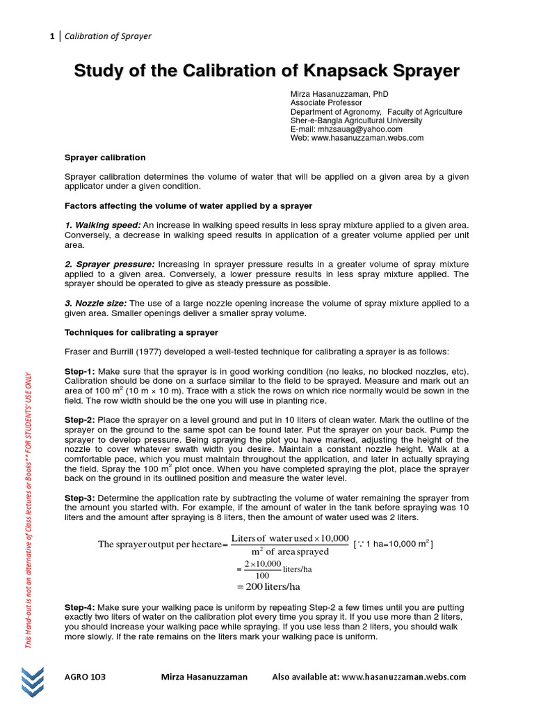 Knapsack Sprayer Calibration Guide | PDF | Pressure | Litre