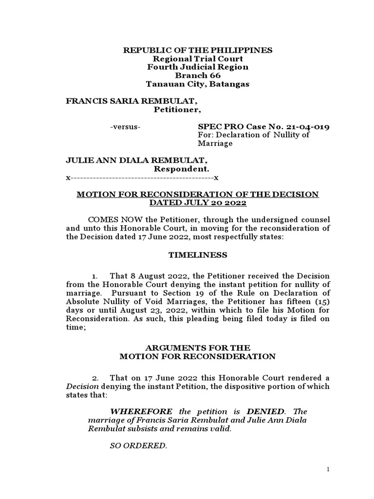 Motion For Reconsideration (Rembulat v. Rembulat) PDF Psychiatry