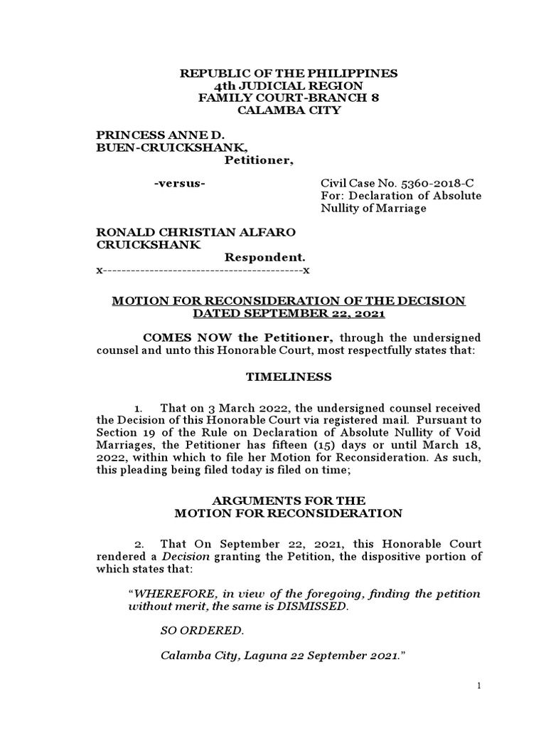 Motion For Reconsideration (Cruickshank Annulment) | PDF | Expert ...