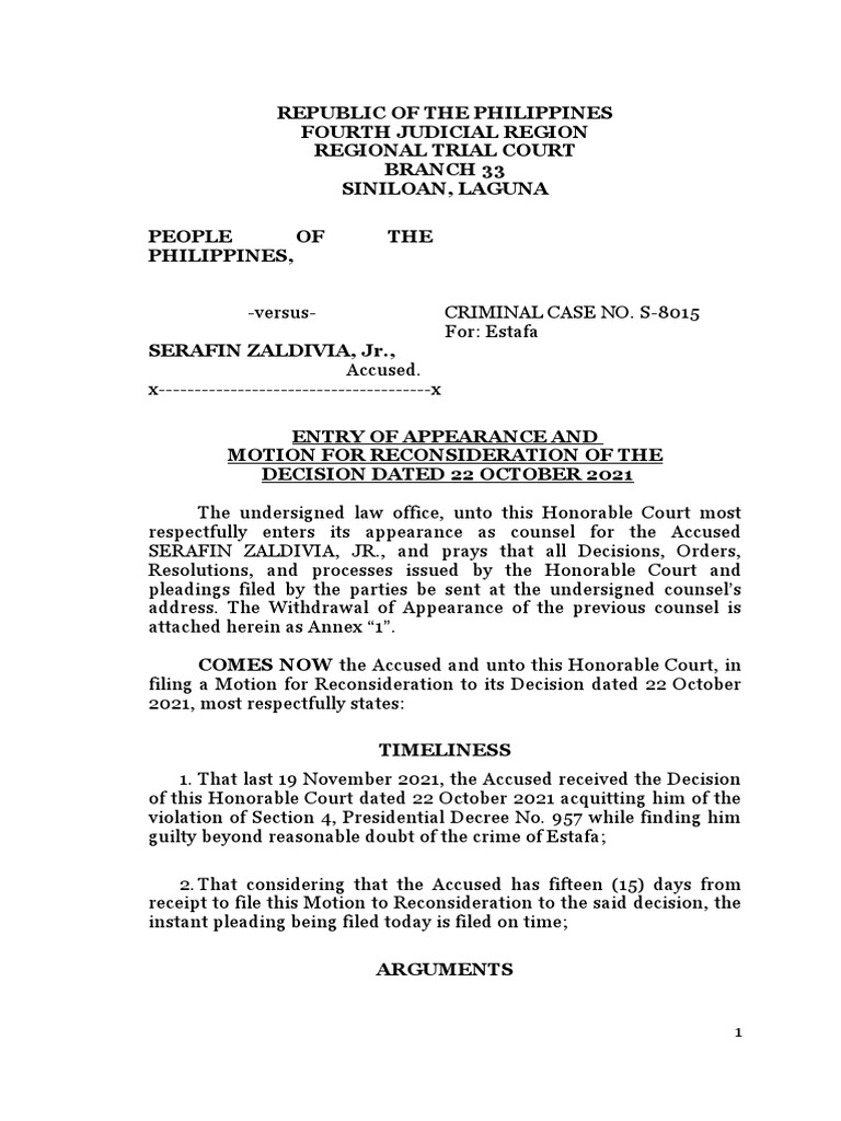 Motion For Reconsideration PP v. Zaldivia (Estafa) PDF Reasonable
