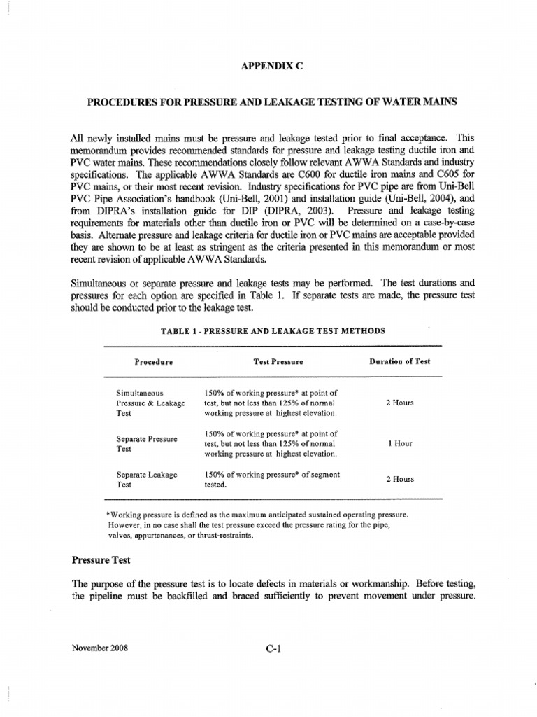 PRESSURE AND LEAKAGE TESTING OF WATER MAINS Appendix C