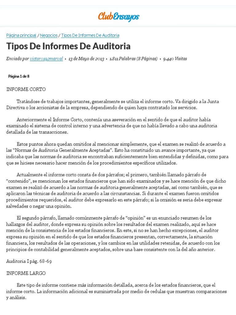 Tipos de Informes de Auditoria - Ensayos Gratis - Victor0192marval ...