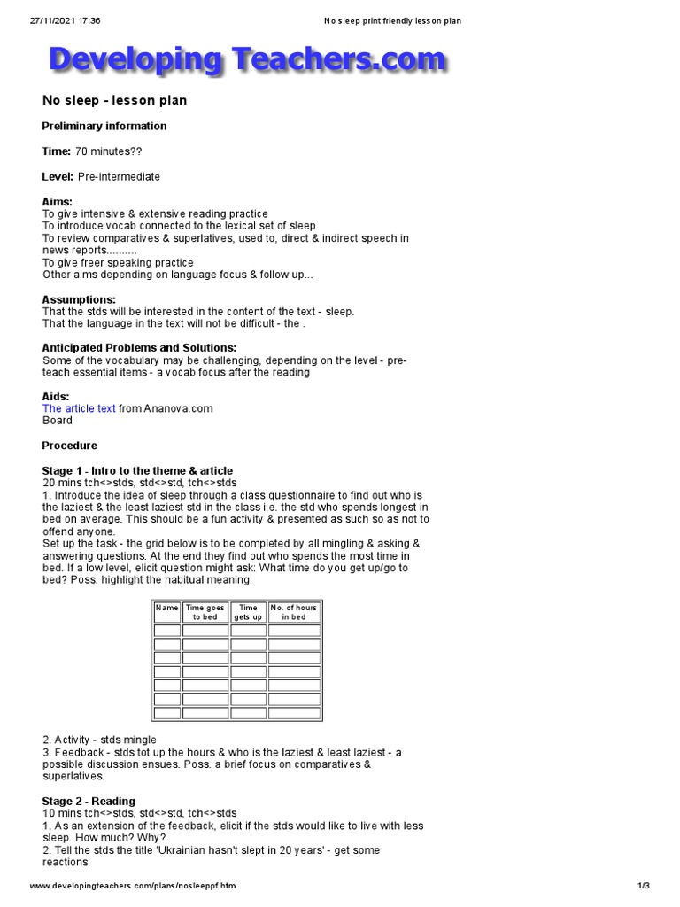 No Sleep Print Friendly Lesson Plan | PDF | Sleep | Vocabulary