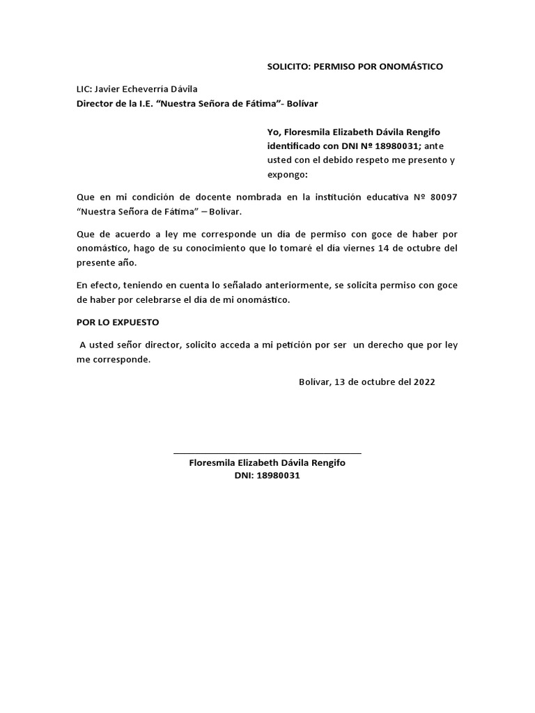 SOLICITO PERMISO POR ONOMÁSTICO AMAUTA - Perú | PDF