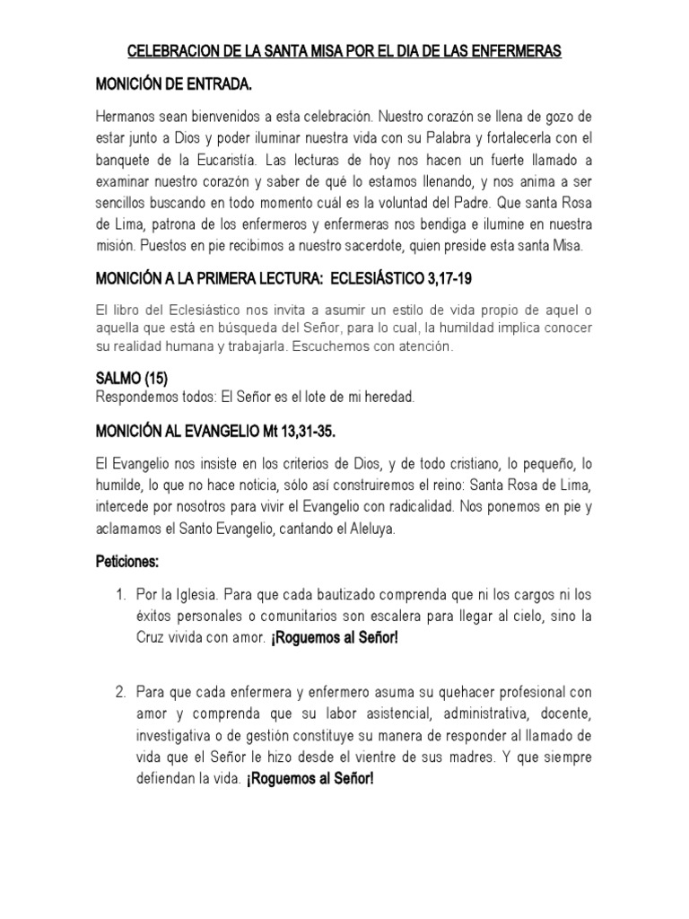 Misa en Honor a Santa Rosa de Lima | PDF | eucaristía | Misa (liturgia)