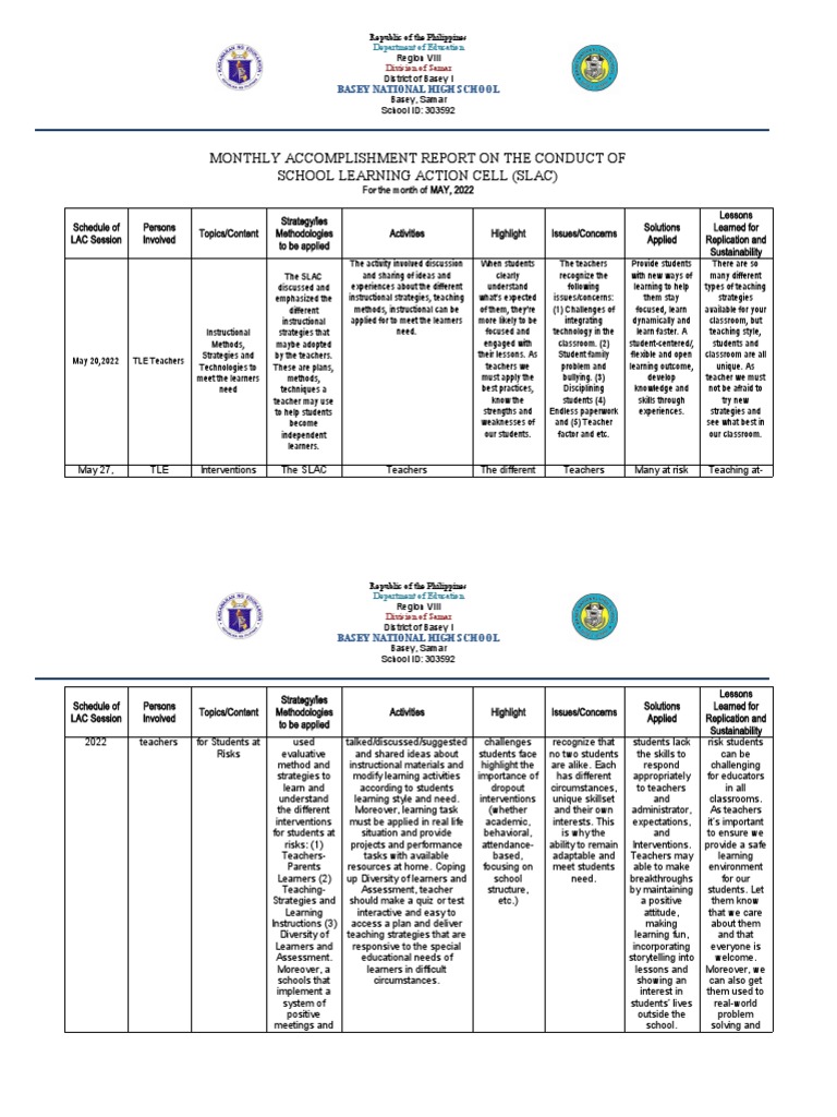 SLAC Monthly Report: May 2022 | PDF | Teachers | Teaching Method