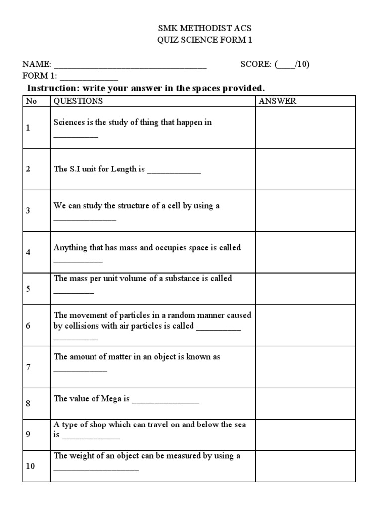 Form 1 Science Quiz Questions | PDF
