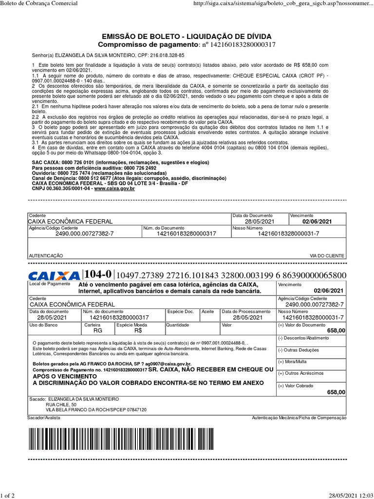 Boleto de Cobrança - Liquidação de Dívida | PDF | Cheque (banco) | Bancos