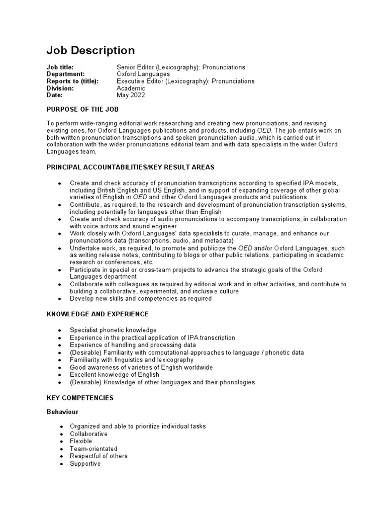 Pronunciations Editor Job Description PDF Lexicography English