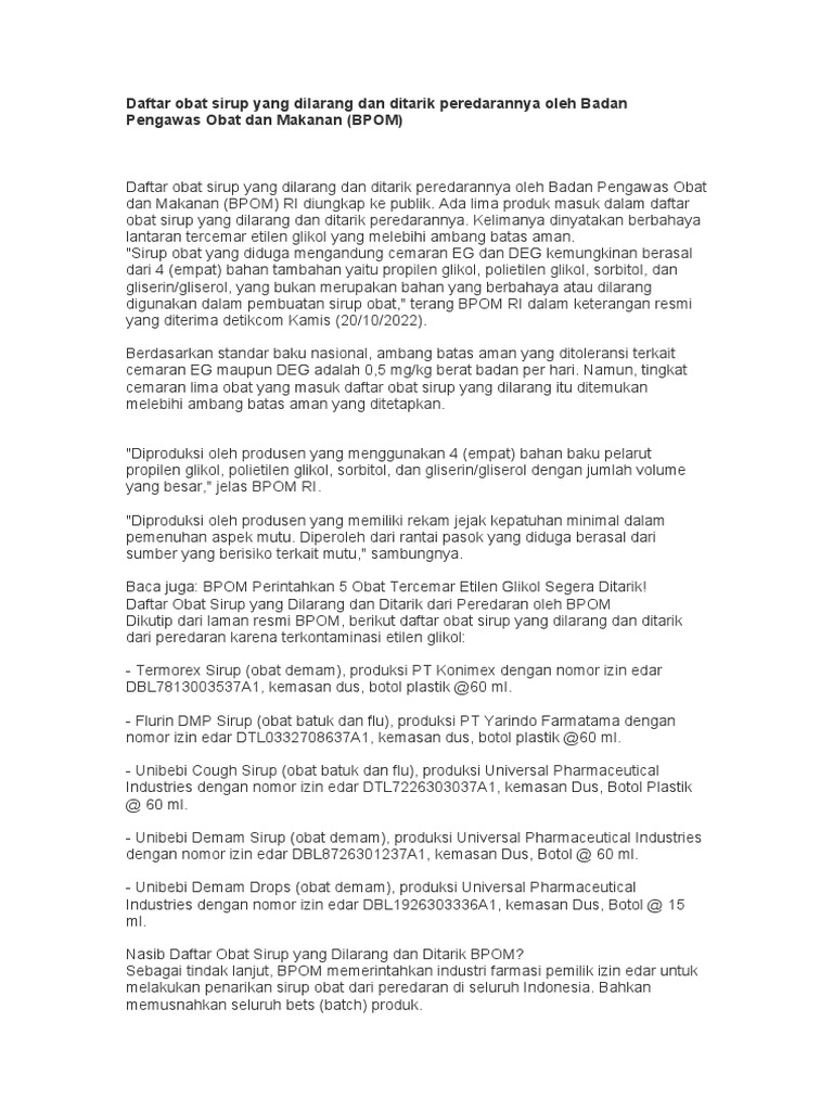 Daftar Obat Sirup Yang Dilarang Dan Ditarik PDF