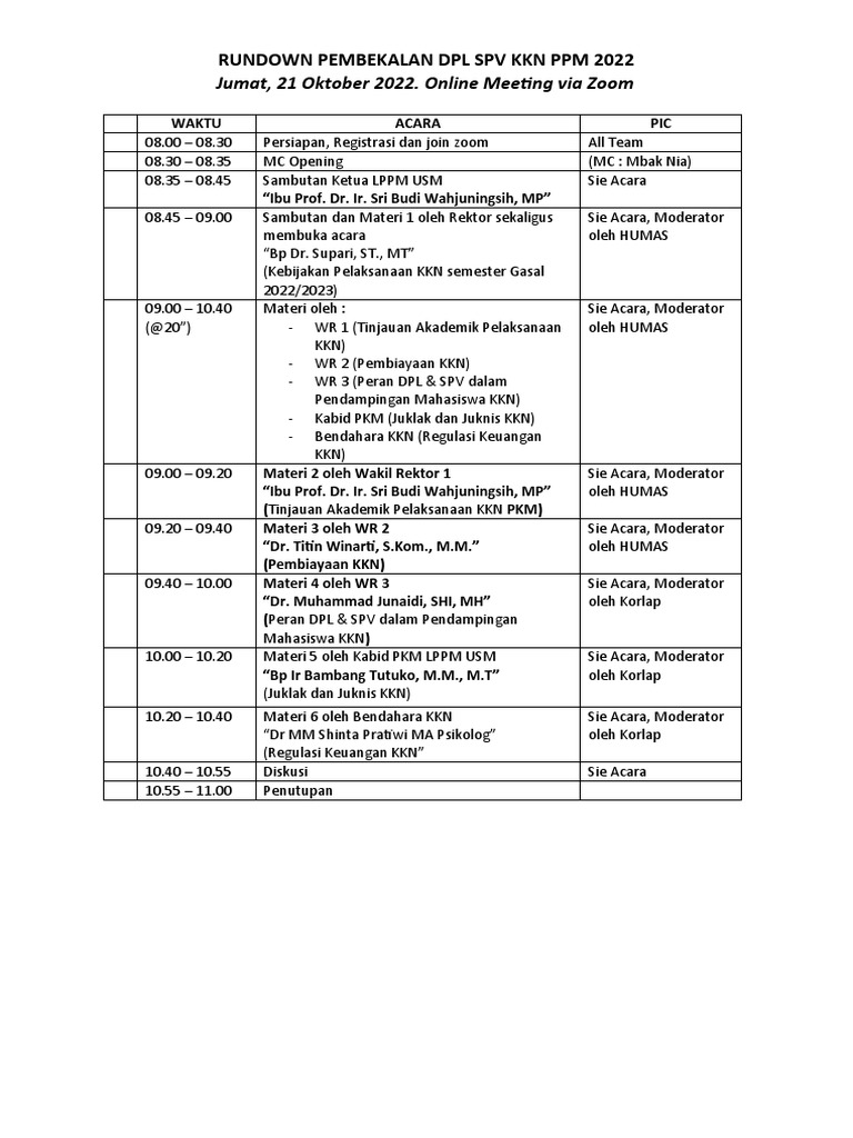Rundown Pembekalan KKN PPM 2022 | PDF | Ilmu Sosial | Pengembangan Diri