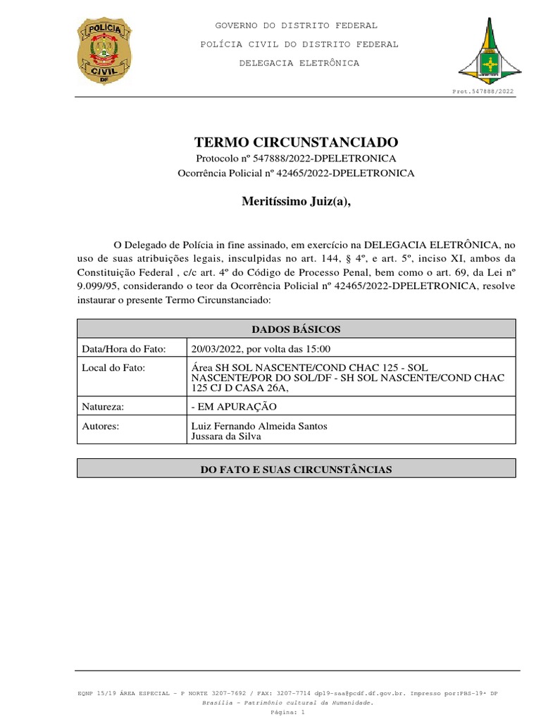 RELATORIO TERMO CIRCUNSTANCIADO No 858 - 2022-19a DP | PDF | Crimes ...
