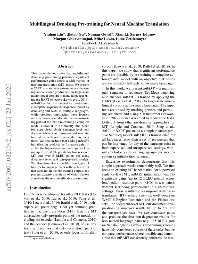 Multilingual Denoising Pre-Training For Neural Machine Translation ...