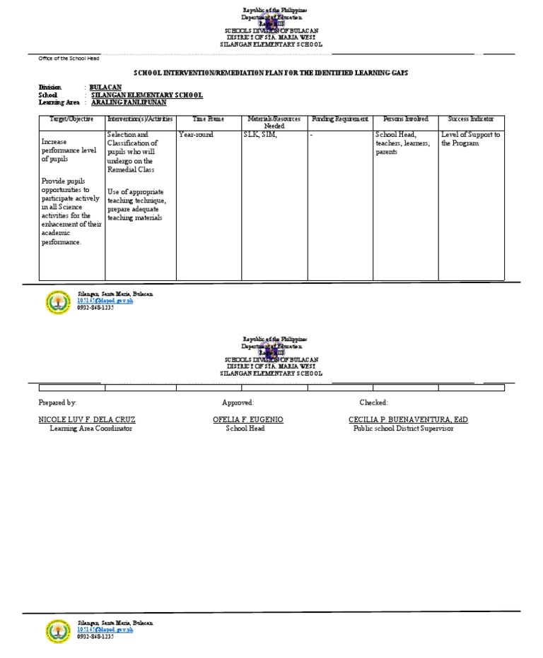Araling Panlipunan Grade 4 School Intervention Remediation Plan For The ...