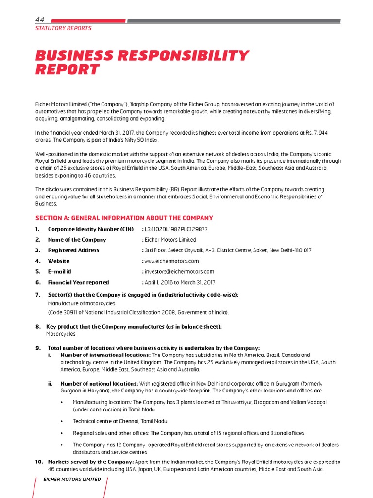 Business Responsibility Report PDF Corporate Social Responsibility