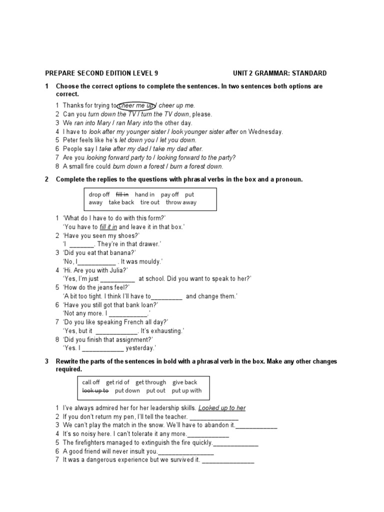 Phrasal Verbs Practice Exercises | PDF | Linguistics | Cognition