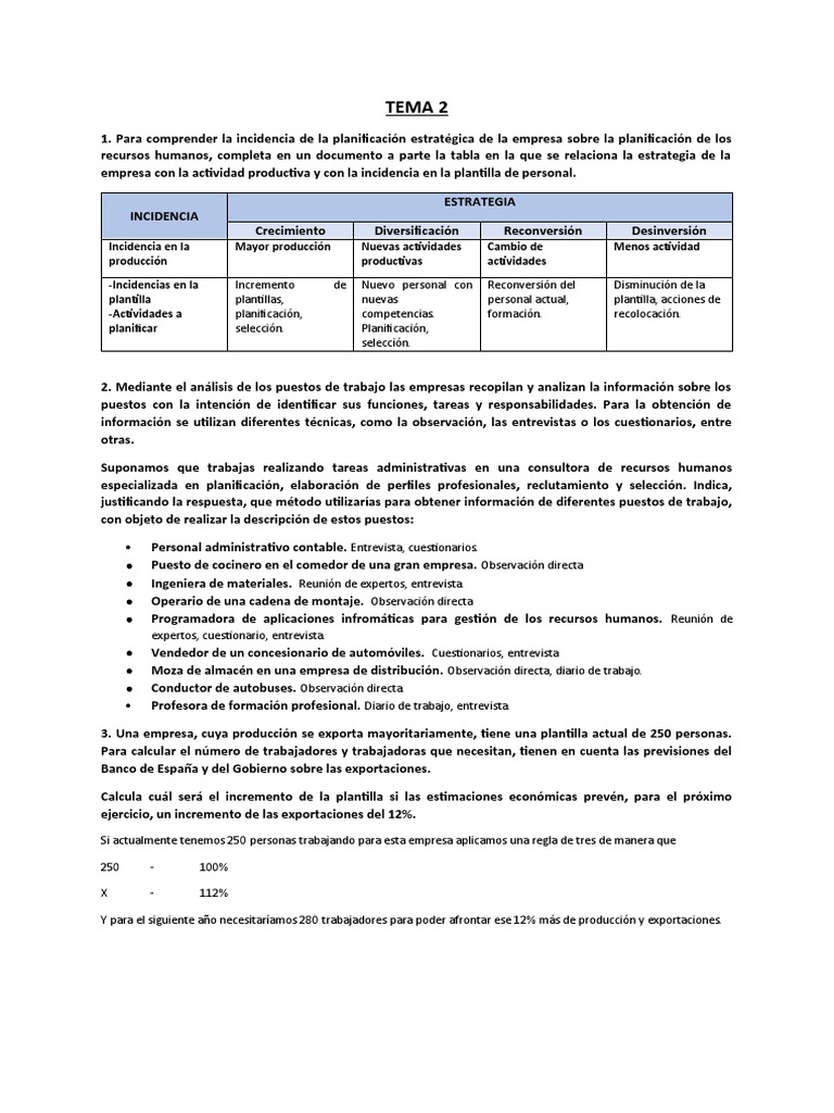 Actividades Tema 2 Pdf Gestión De Recursos Humanos Planificación