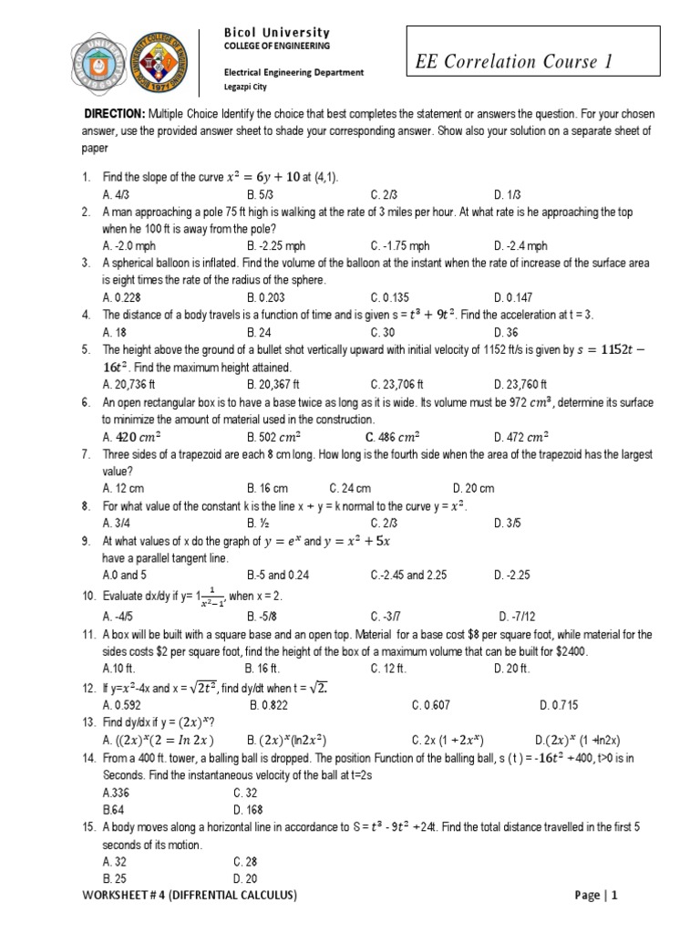 Worksheet 4 Differential Calculus PDF Acceleration Derivative