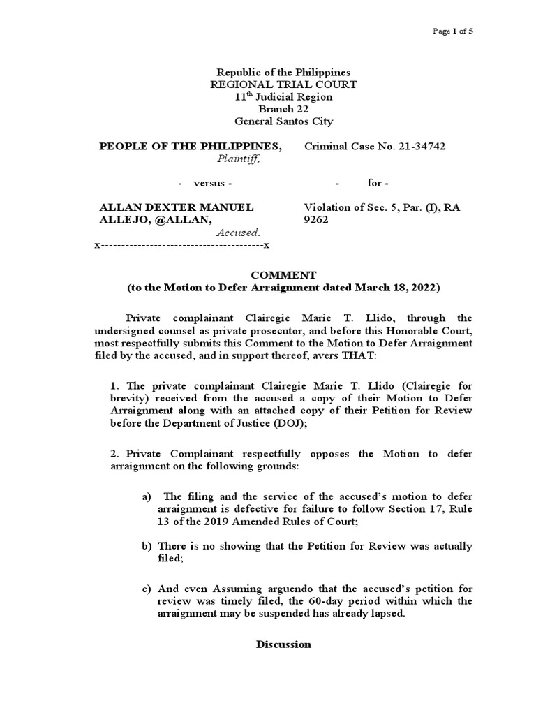 Alejo Comment To Motion To Defer Arraignment FINAL PDF Arraignment Pleading