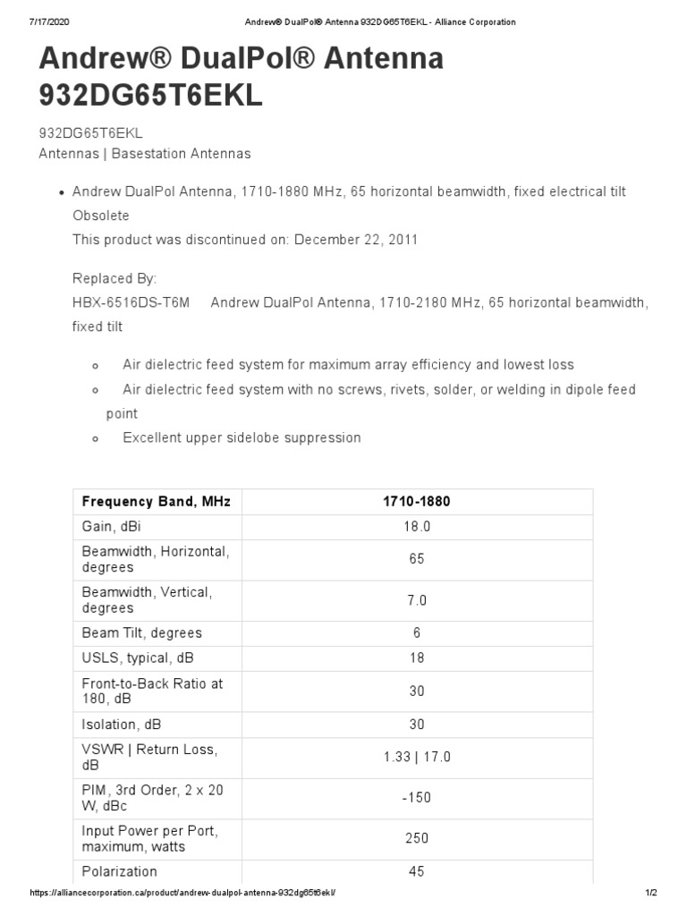 Andrew® DualPol® Antenna 932DG65T6EKL - Alliance Corporation | PDF