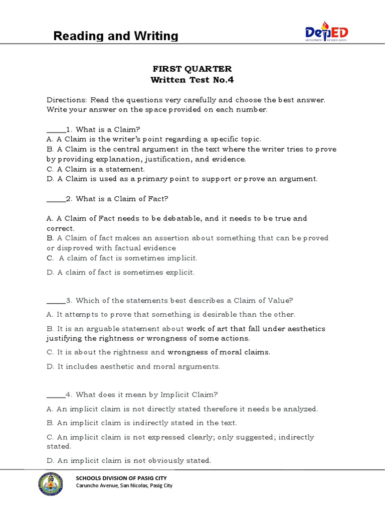 Rw Q1 Written Test No 4 For The Students Pdf World Wide Web