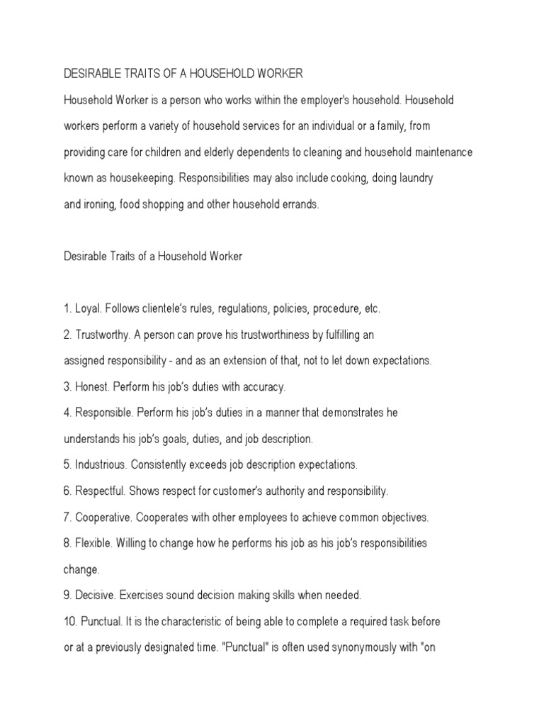 Desirable Traits of A Household Worker PDF Housekeeping Home