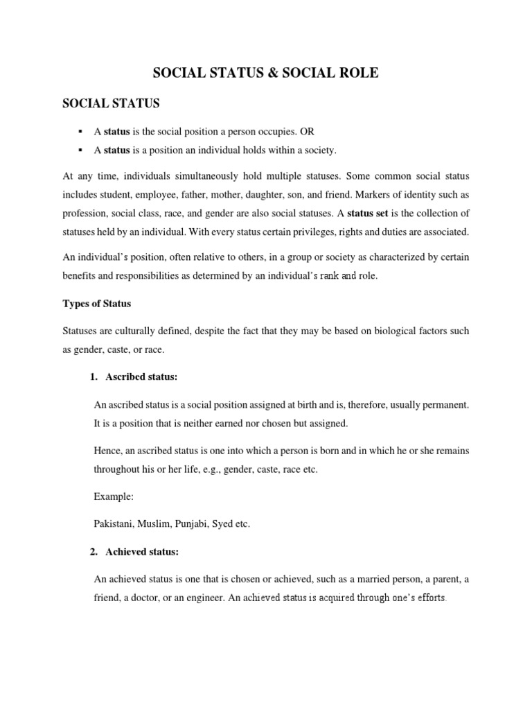 Social Status & Social Role. Topic 3 PDF Social Status Identity